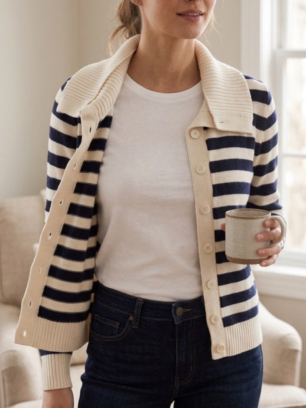 Banana Republic Breton Striped Merino Wool Cardigan Coastal Shawl Collar SMALL